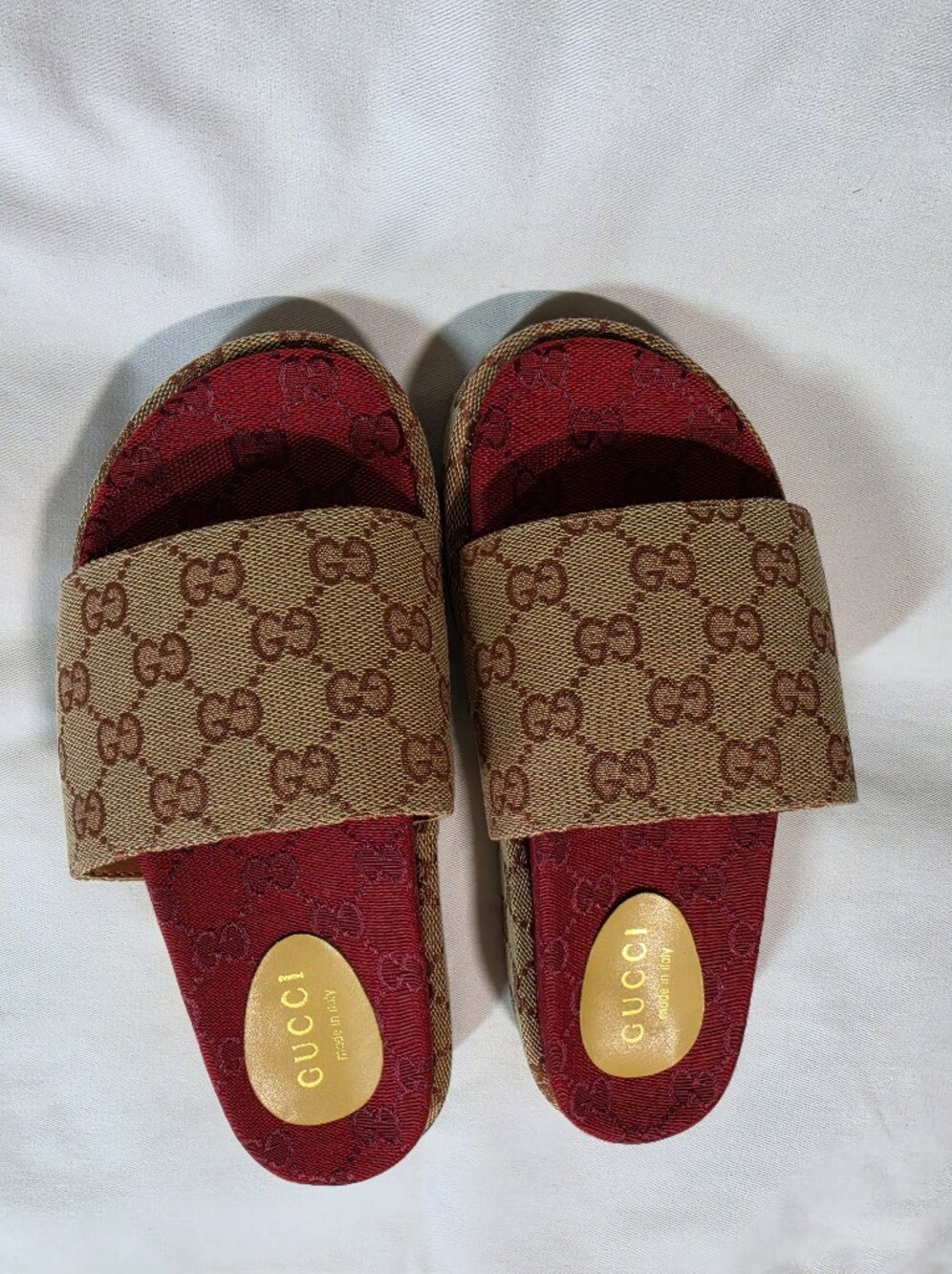 Beige Monogram Slide Sandals with Burgundy Footbed